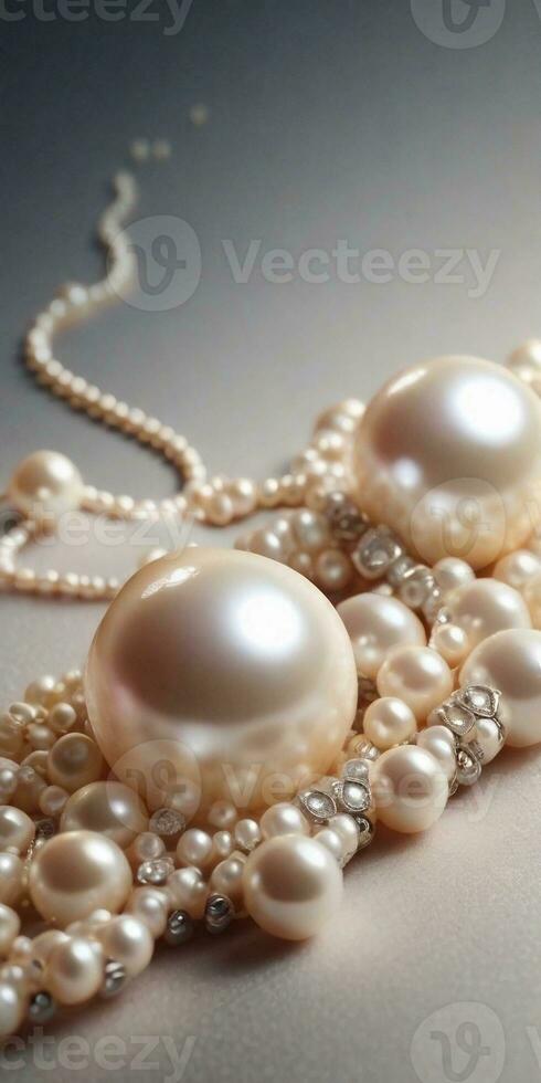 Textured background surrounded by beautiful pearls, vertical image, background image, generative AI photo