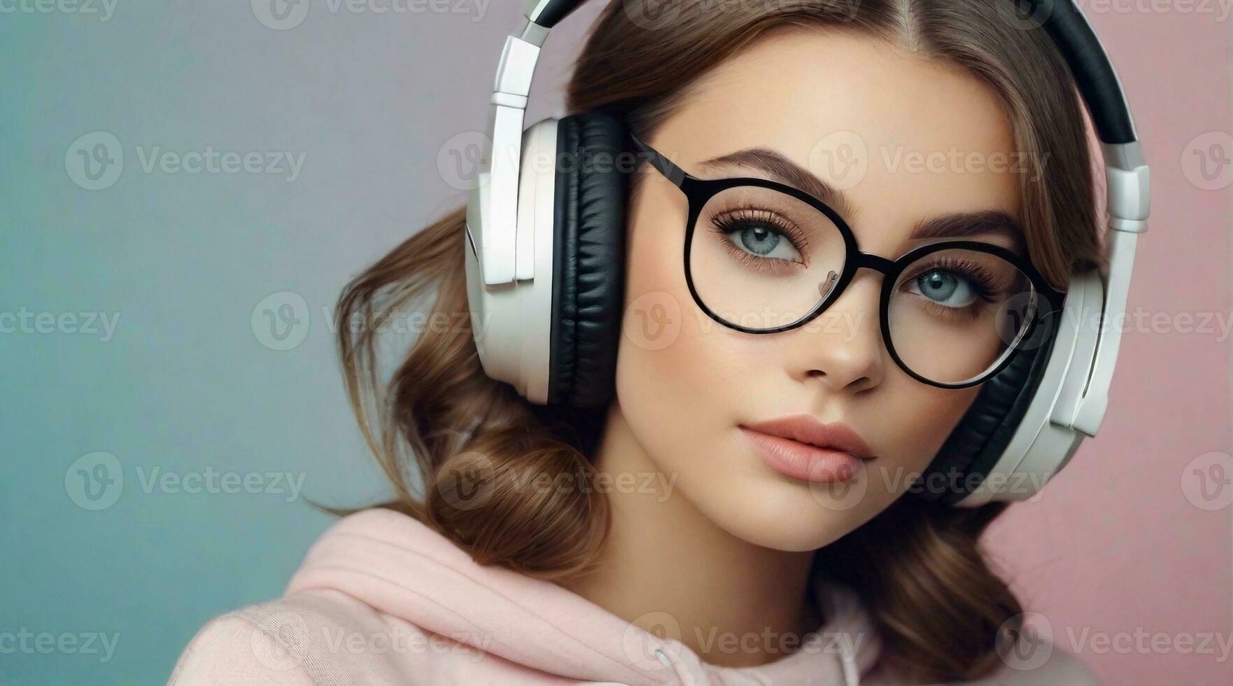 Beautiful girl wearing glasses and headphone against pastel background with space for text, background image, AI generated photo