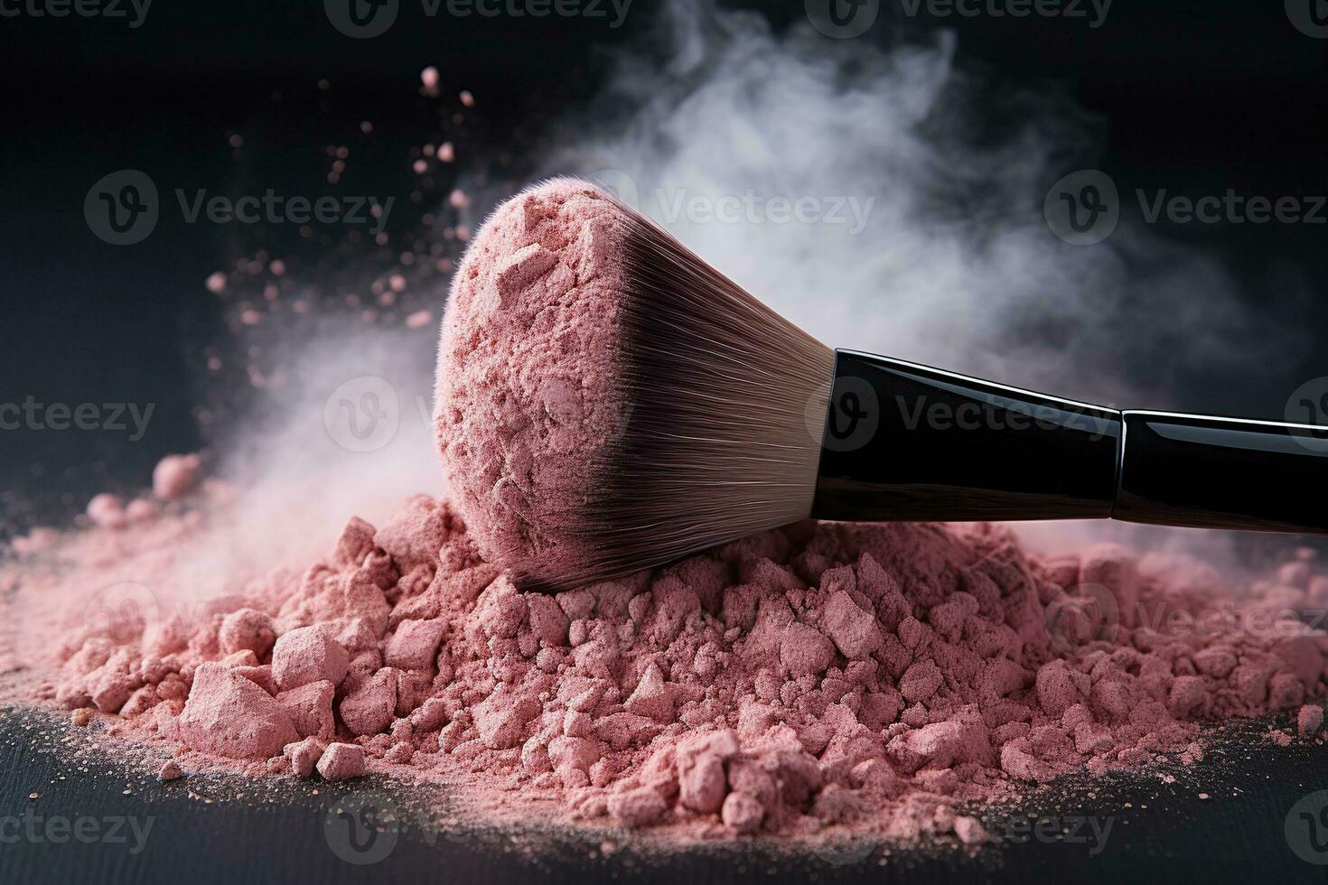 Broken pink blush with a large makeup brush and a cloud of dust on a black background. Makeup concept. Generated by artificial intelligence photo