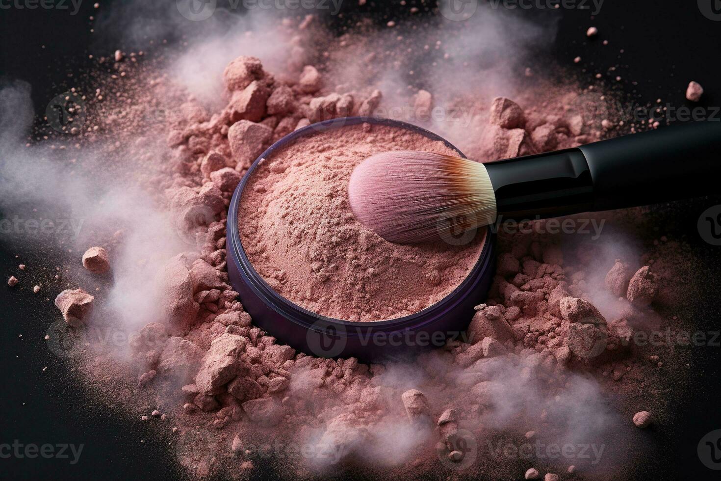 A jar of pink blush and a makeup brush in a cloud of dust on a black background. Makeup concept. photo