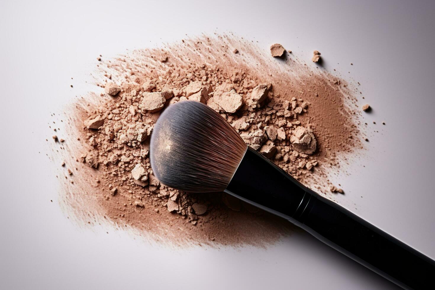 Makeup brush on a pile of powder, blush for the face on a white background, top view. Makeup concept. Generated by artificial intelligence photo
