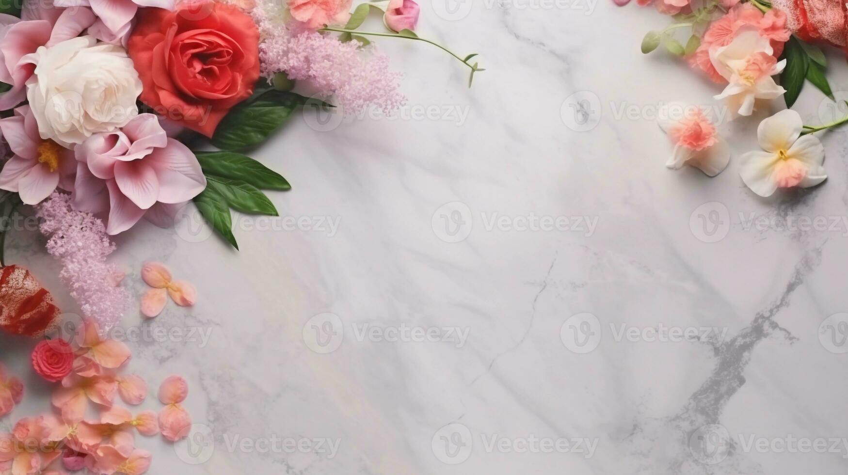 espacio para texto en mármol antecedentes rodeado por varios flores y florales desde parte superior vista, antecedentes imagen, ai generado foto