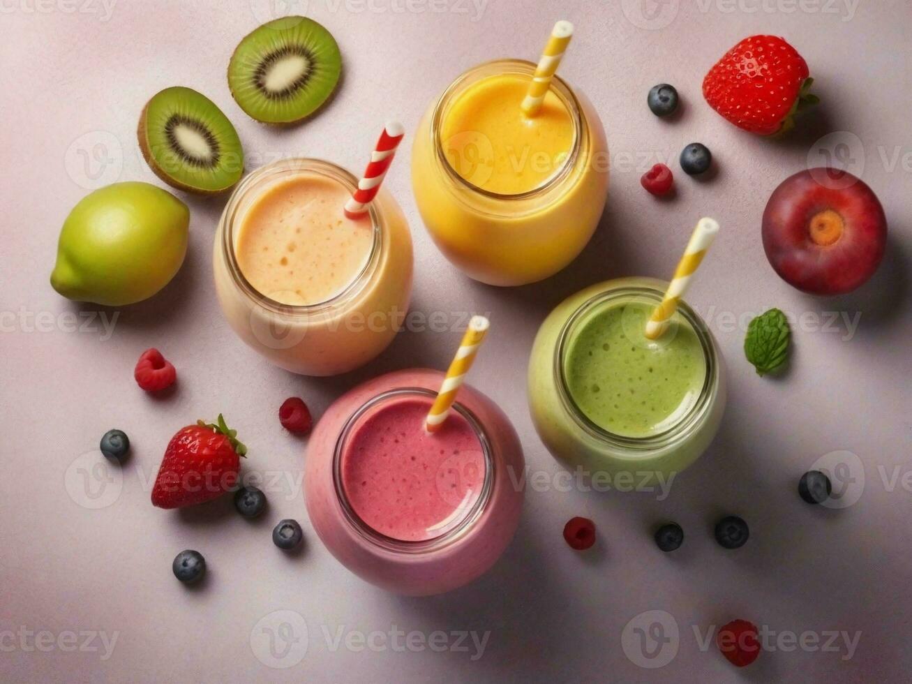 Textured background surrounded by delicious smoothies from top view, background image, generative AI photo