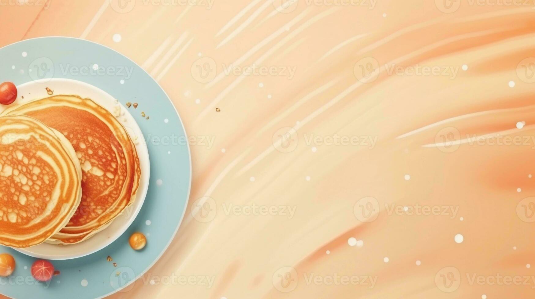 space for text on pastel background with delicious pancake on the side from top view, background image, AI generated photo