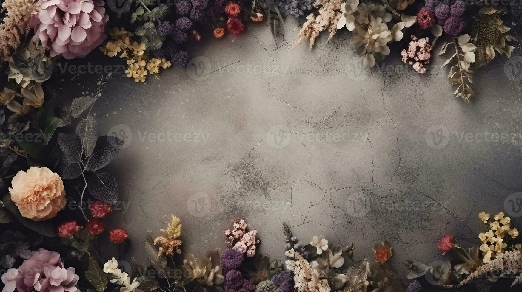 space for text on textured background surrounded by decorative stone and florals, background image, AI generated photo