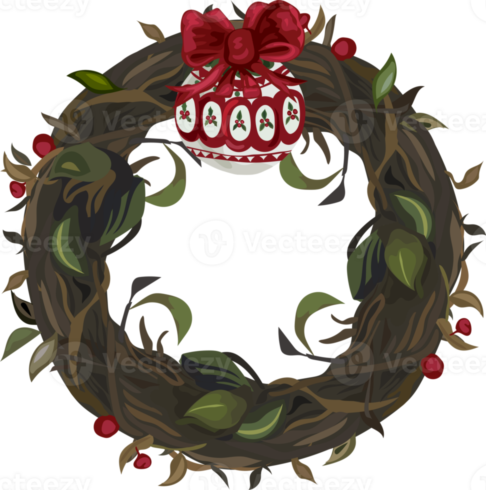 Christmas wreath illustration on transparent background. png