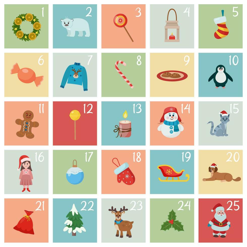 Advent calendar. Christmas poster. Cute cards. Vector illustration.