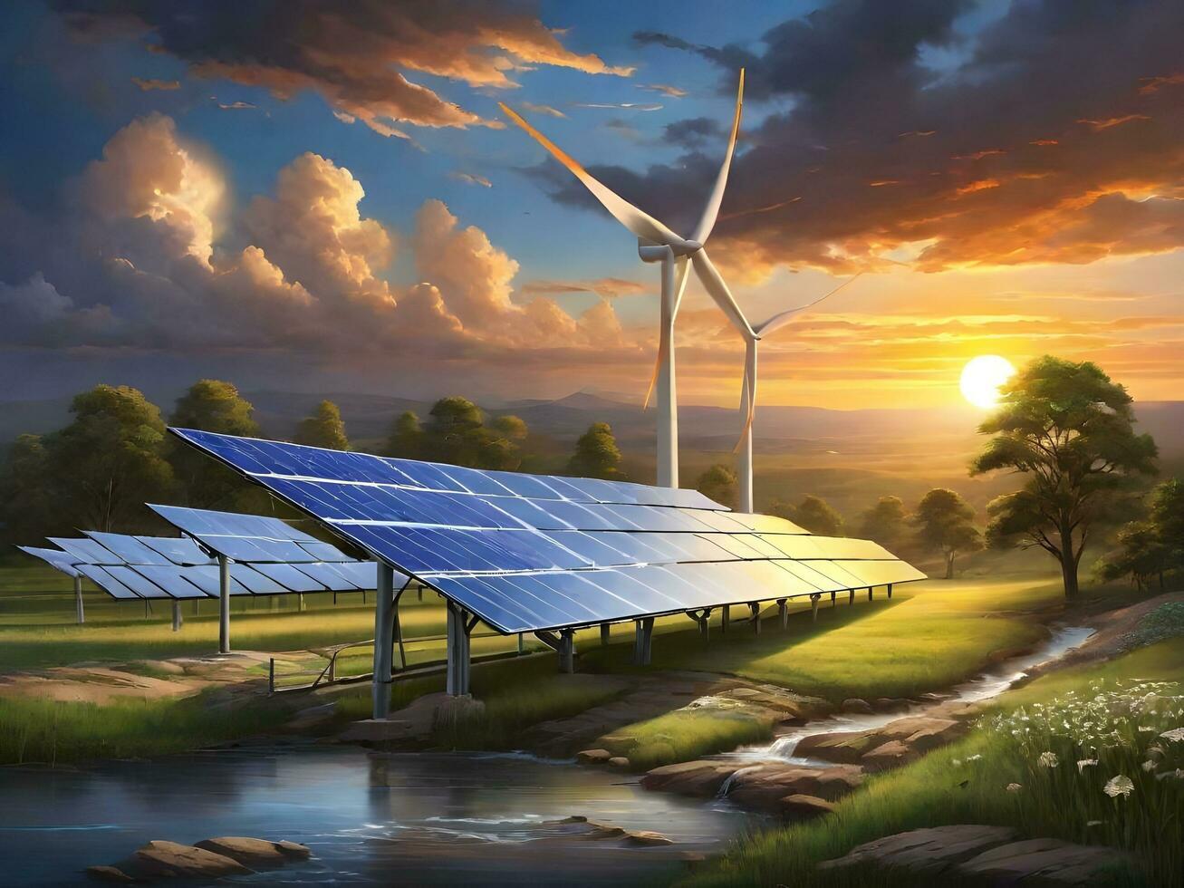 The Impact of Sunset Sky on Wind and Solar Energy Generation ai generate photo