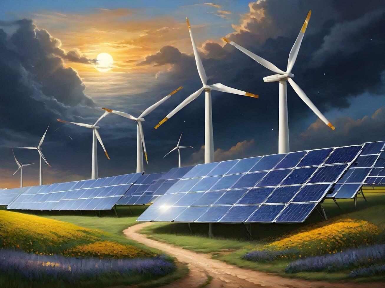 The Impact of Sunset Sky on Wind and Solar Energy Generation ai generate photo