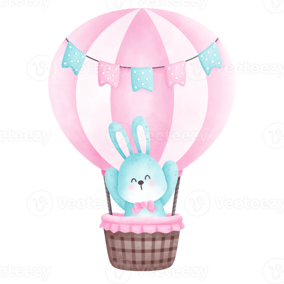 Blue easter bunny on a hot air balloon png