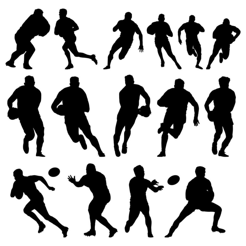 High details of rugby player silhouette. Minimal symbol and logo of sport. Isolated on background. Fit for element design, background, banner, backdrop, cover. Vector Eps 10