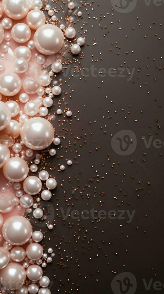 Textured background surrounded by beautiful pearls, background image, vertical format, generative AI photo