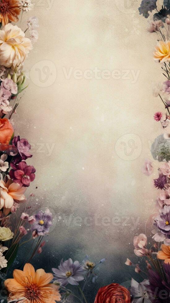 space for text on textured background surrounded by flowers, vertical format, background image, AI generated photo