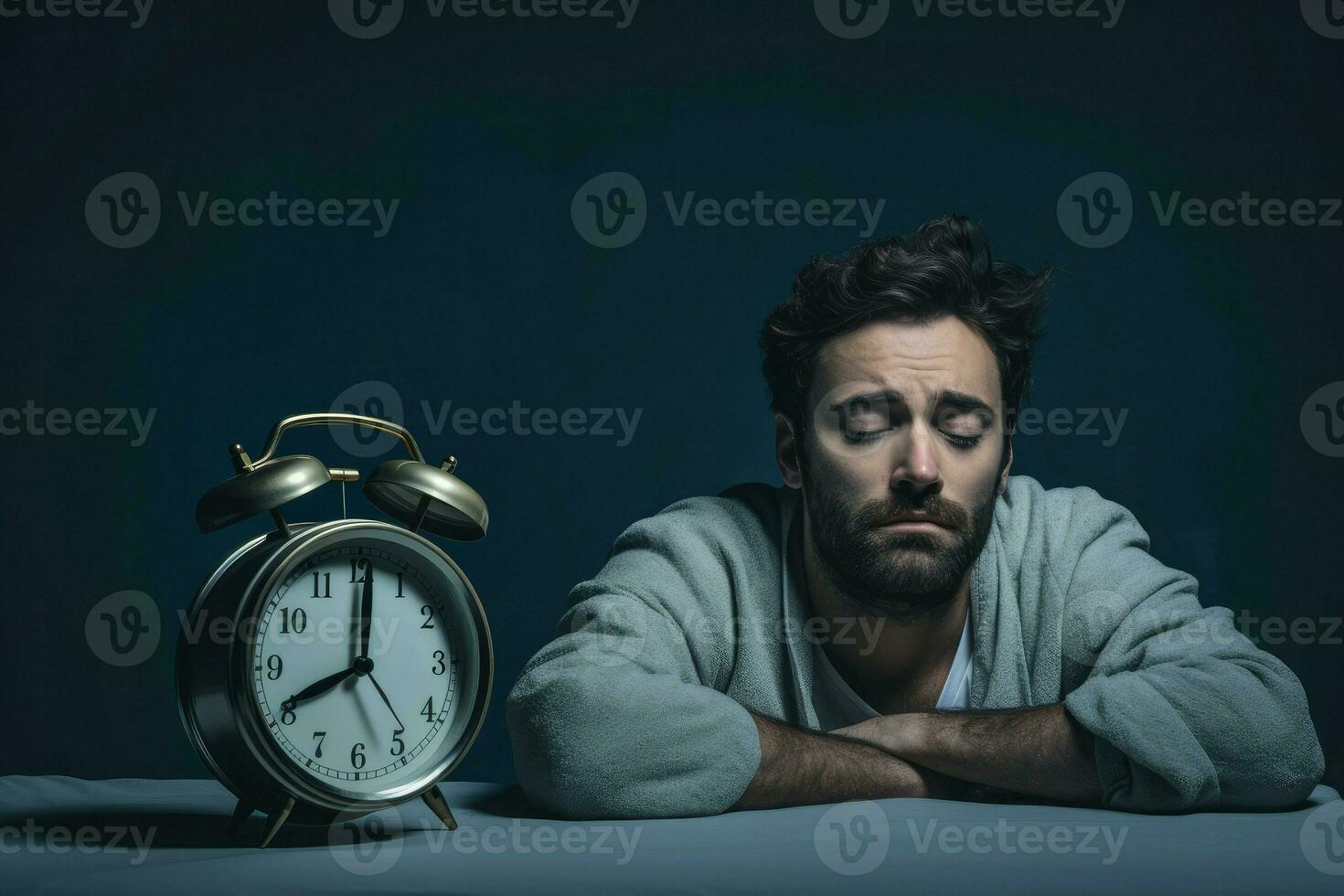 cansado hombre con insomnio problema a cocina mesa. generar ai foto