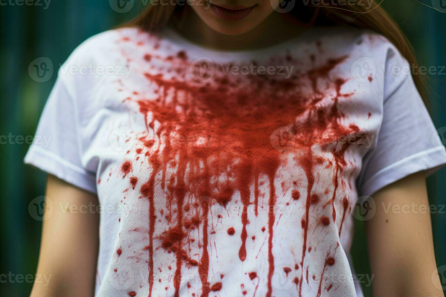 mujer demostración rojo manchar en su camiseta paño. generar ai foto