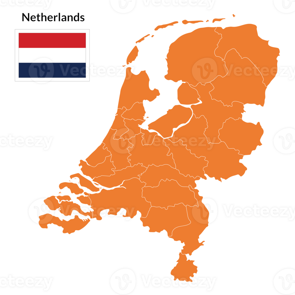 Map of Netherlands and Netherlands flag in orange administrative png