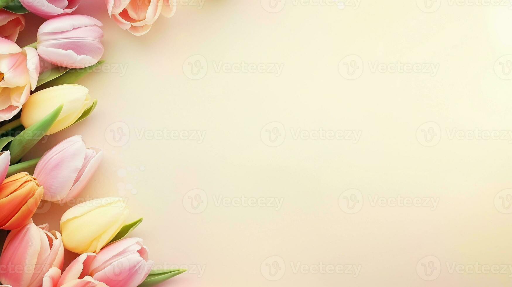 espacio para texto en pastel antecedentes rodeado por hermosa decorativo tulipán flores, antecedentes imagen, ai generado foto