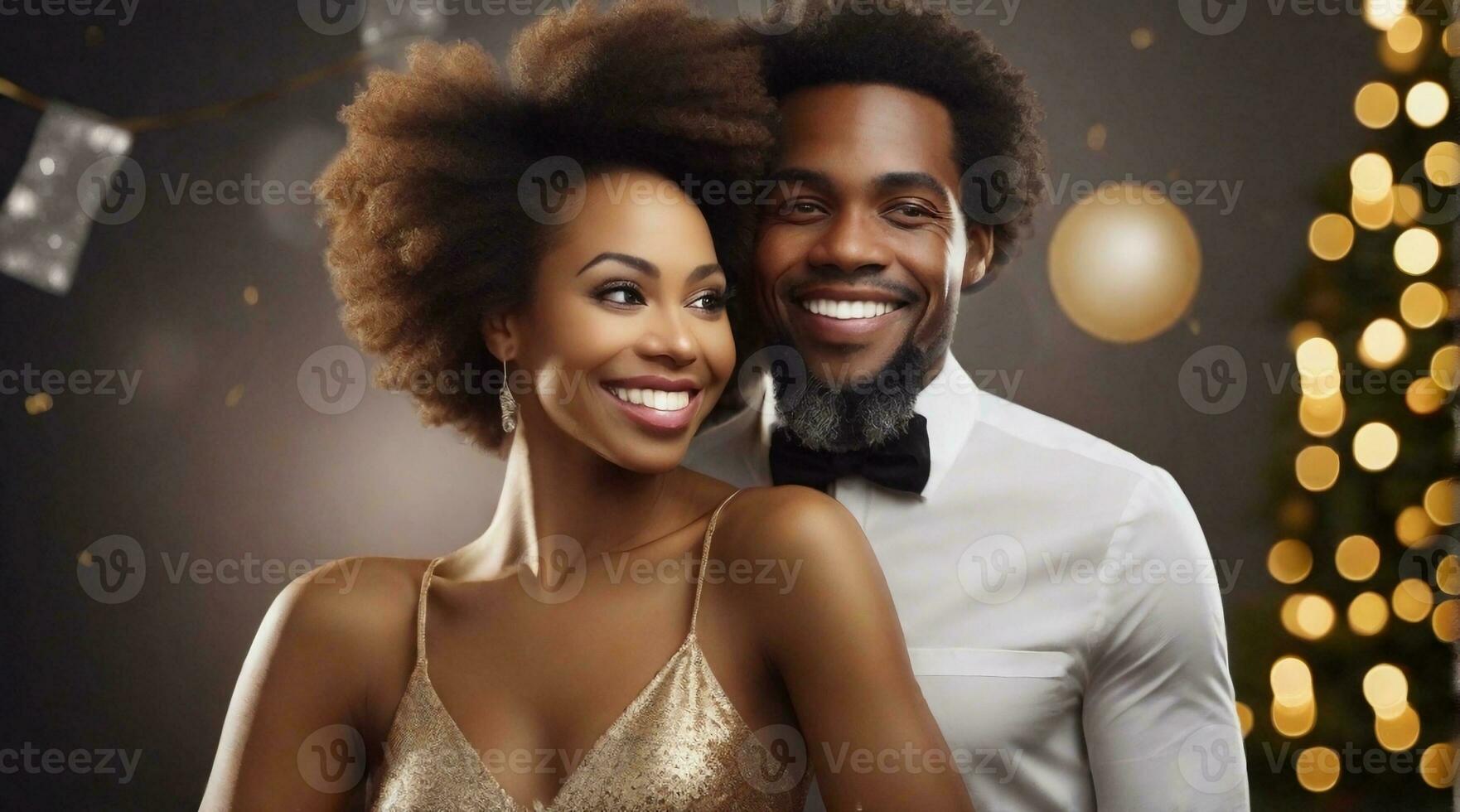 Portrait of a happy smiling afro-american couple against new year party background, background image, AI generated photo