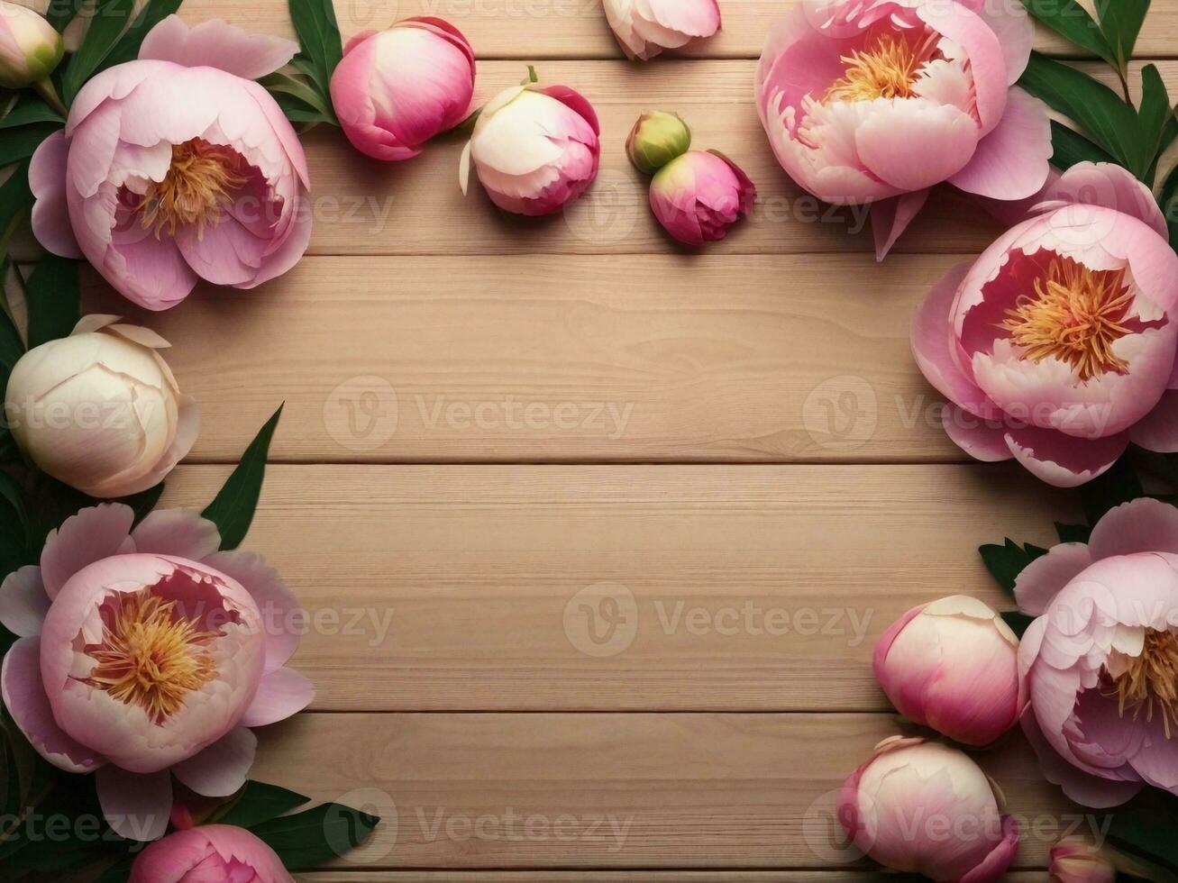 Wooden background surrounded by Peony flowers from top view, background image, generative AI photo