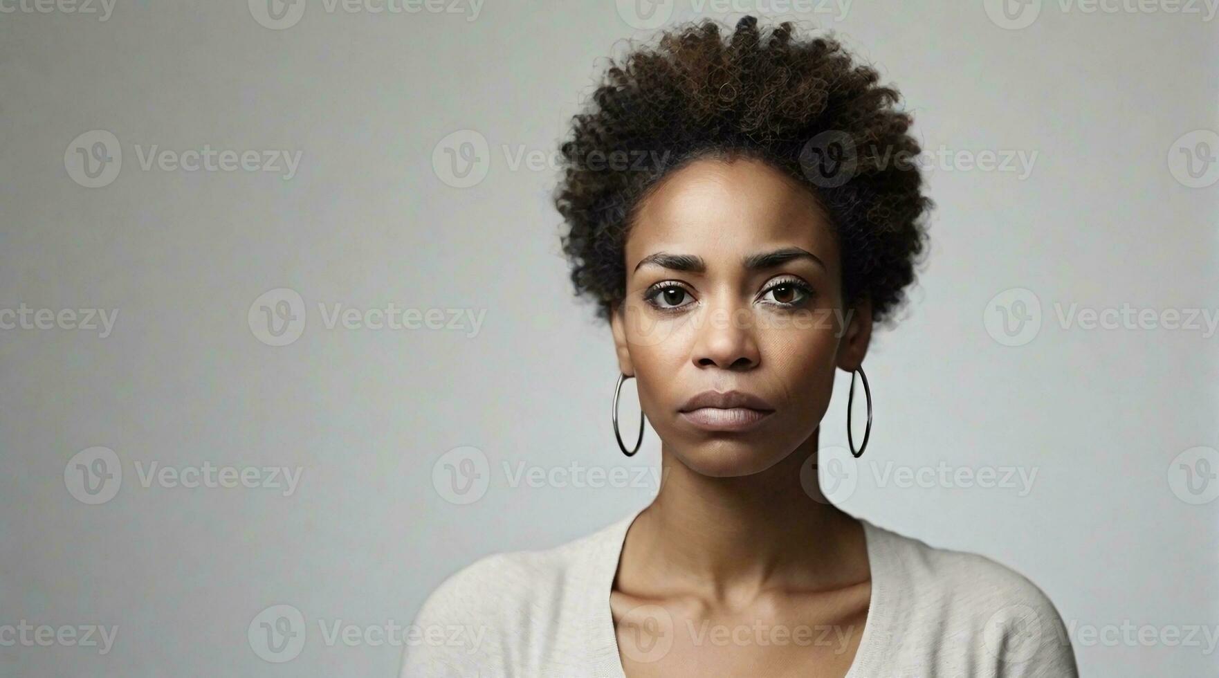 Portrait of an afro-american woman with a deep sad expression  against white background, background image, AI generated photo