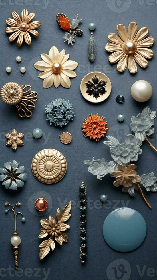 a textured background surrounded by Brooches Pins, vertical format, background image, generative AI photo