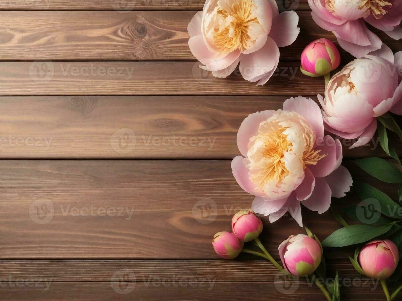 Wooden background surrounded by Peony flowers from top view, background image, generative AI photo