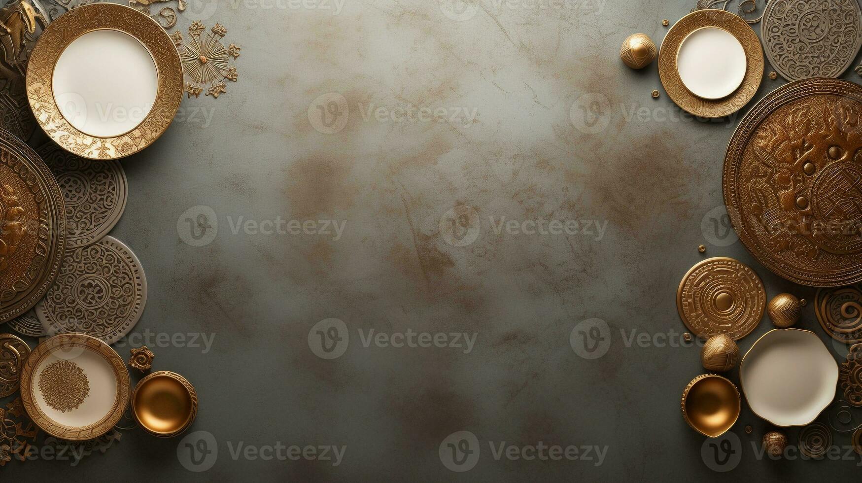 space for text on textured background surrounded by decorative plates, background image, AI generated photo