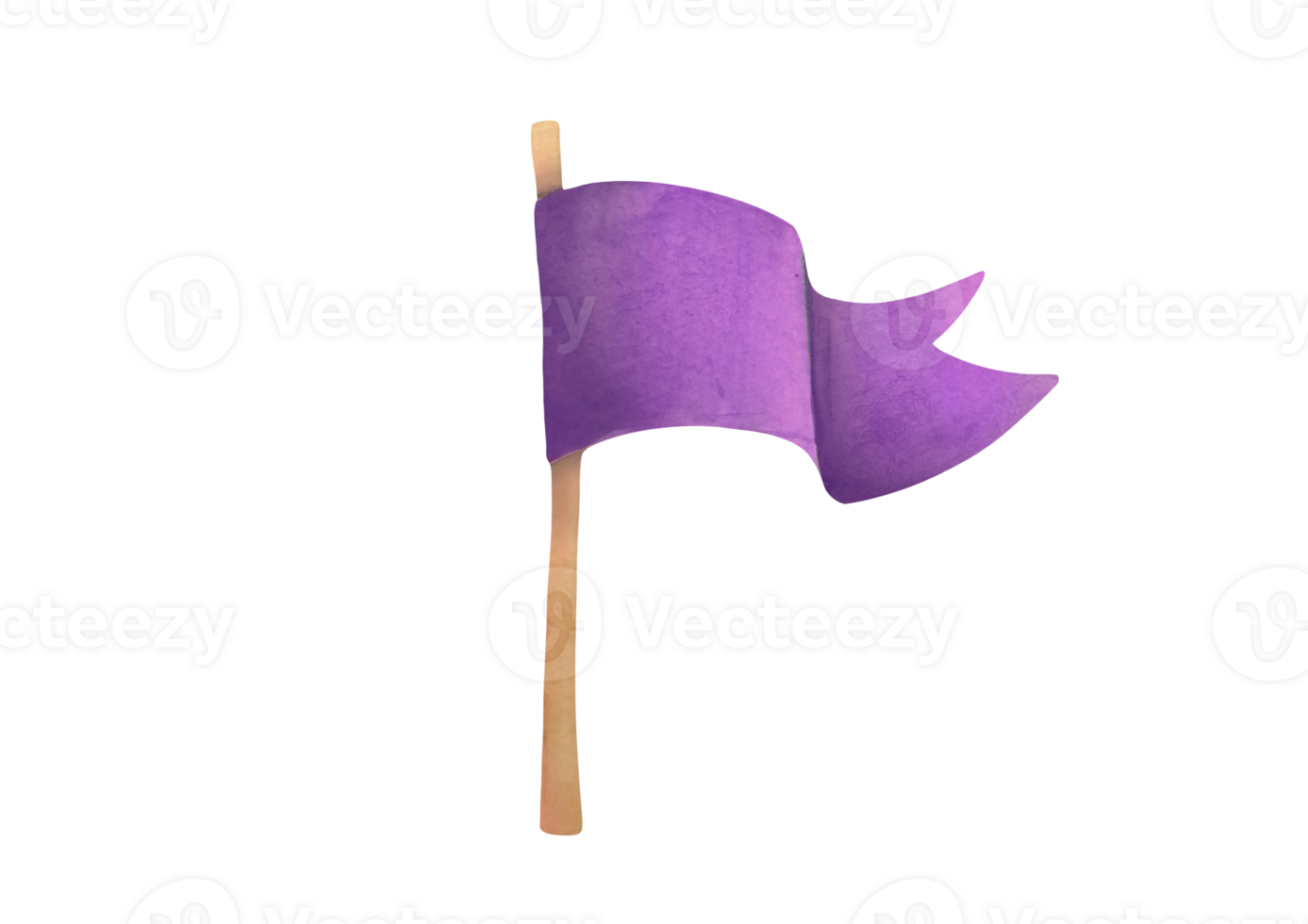 Watercolor illustration of monochrome, empty, purple flag on flagpole. One single object, triangular waving shape. Hand drawn drawing isolated on transparent background, cutout clip art design element png