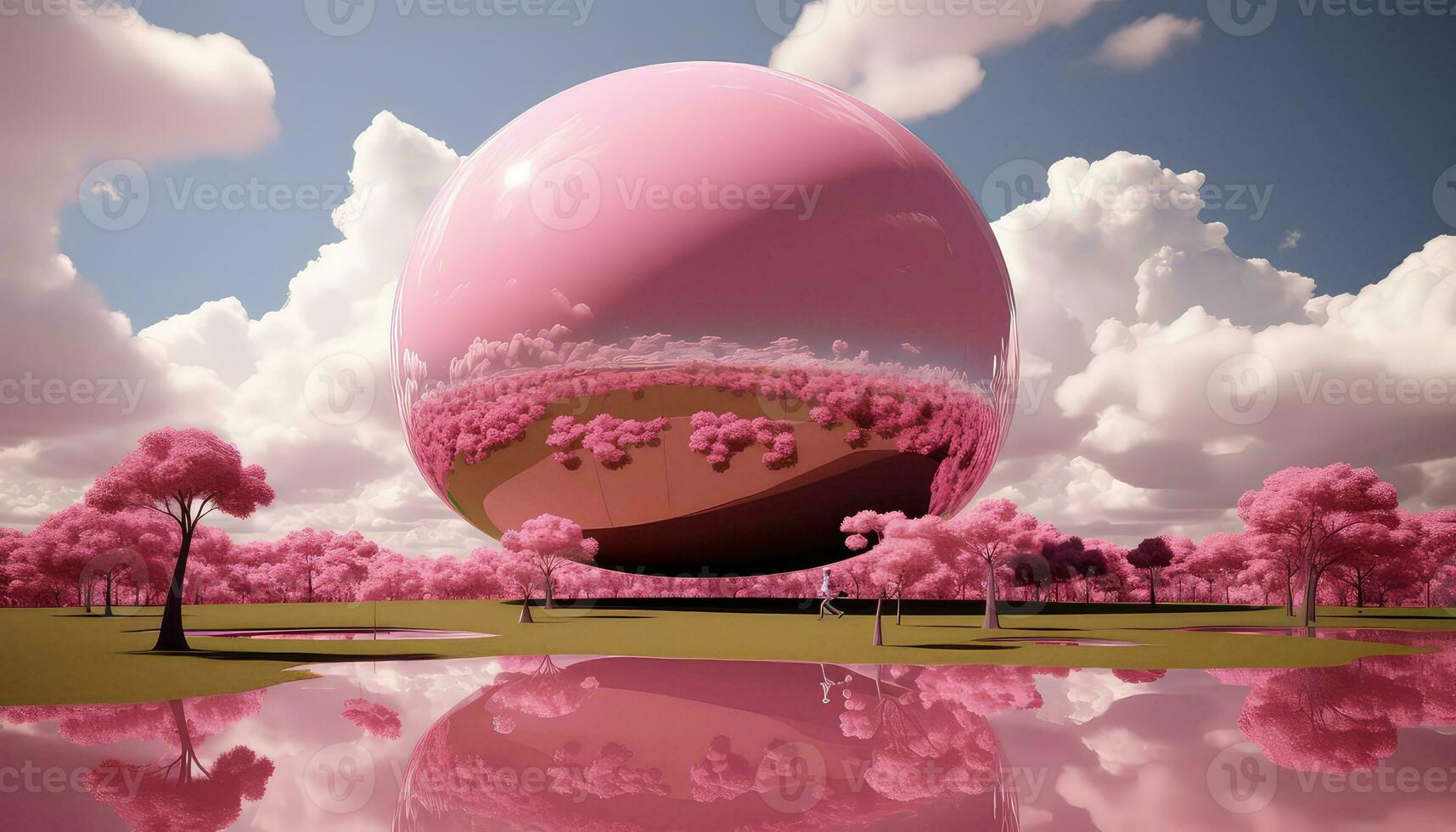 Large Circular Structure with Pink Clouds and Trees AI generated photo