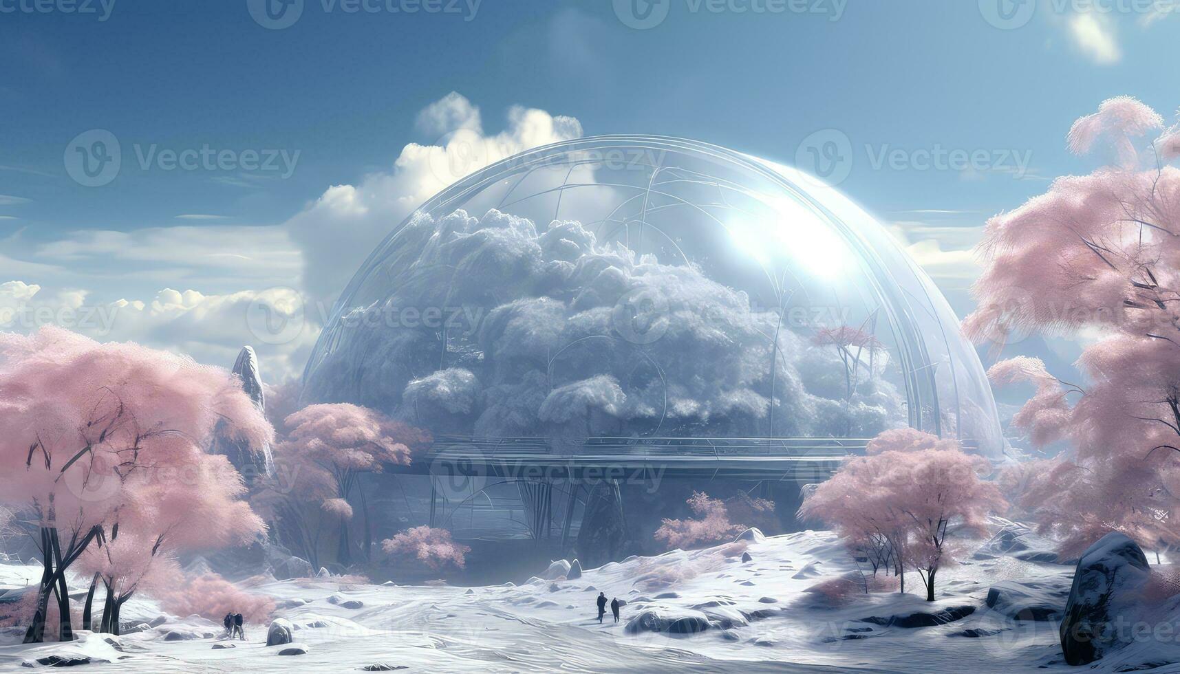 Large Circular Structure with Pink Clouds and Trees AI generated photo