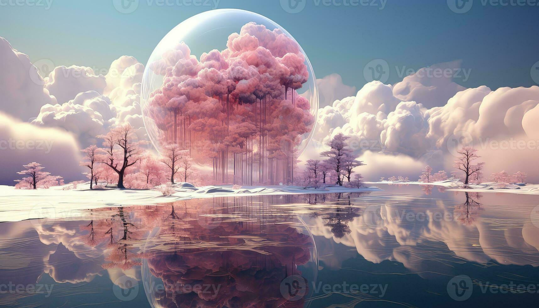 Large Circular Structure with Pink Clouds and Trees AI generated photo