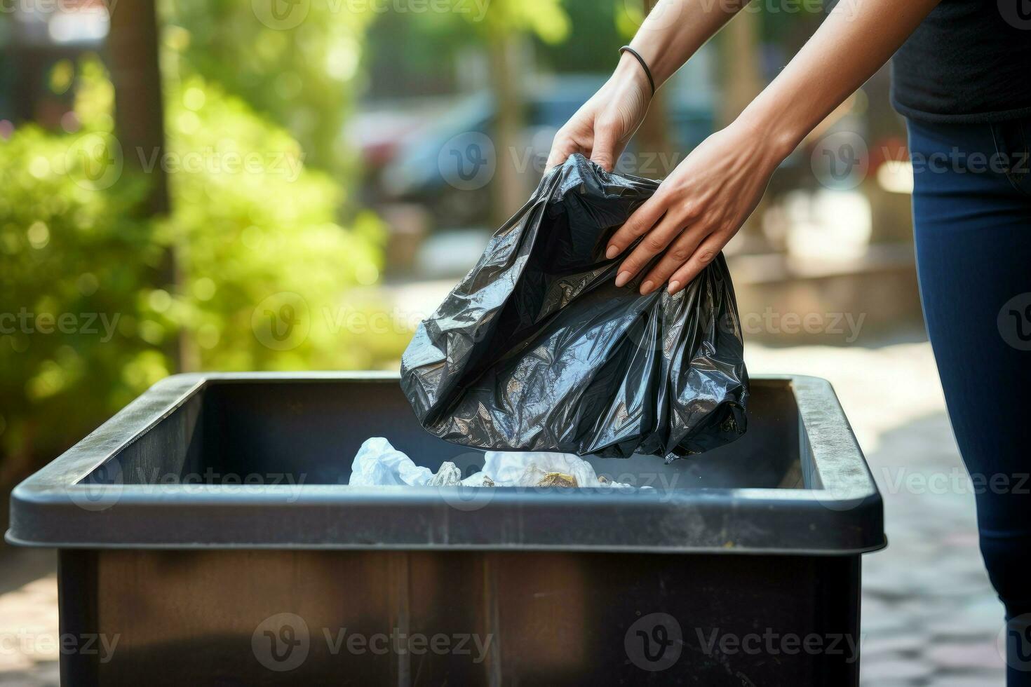 Woman opening bin to throw trash bag full. Generate Ai photo