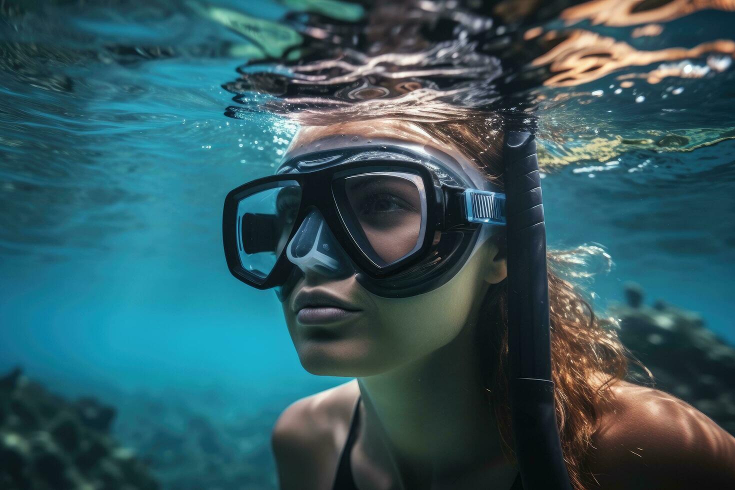 Portrait of a beautiful young woman wearing snorkeling gear underwater, Underwater background of a woman snorkeling and doing freediving. Watersport activity in, AI Generated photo