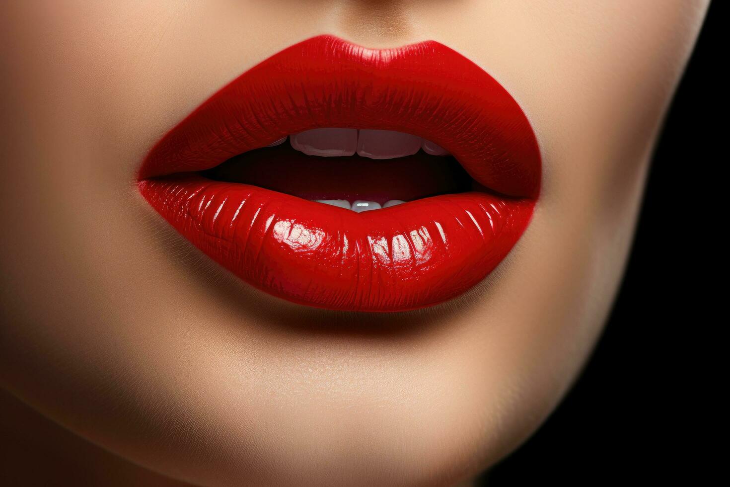 Beautiful female lips with red lipstick on black background, closeup, Ultra close - up view of beautiful sexy female lips, AI Generated photo