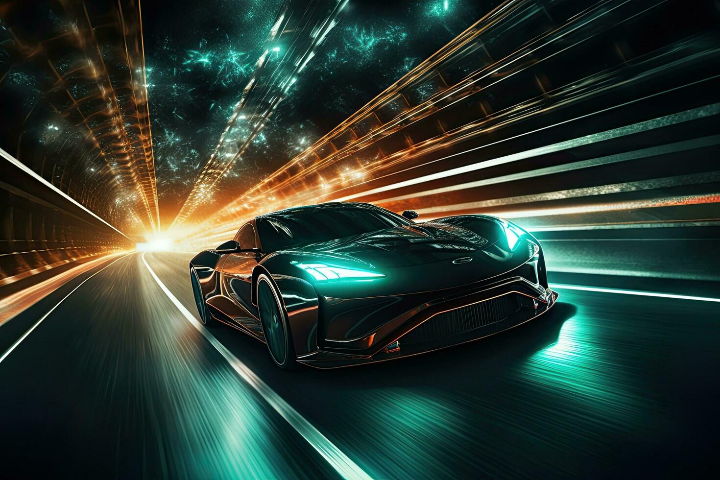 3D rendering of a sports car on the road with motion blur, Underground tunnel with moving cars at night. View from below, AI Generated photo