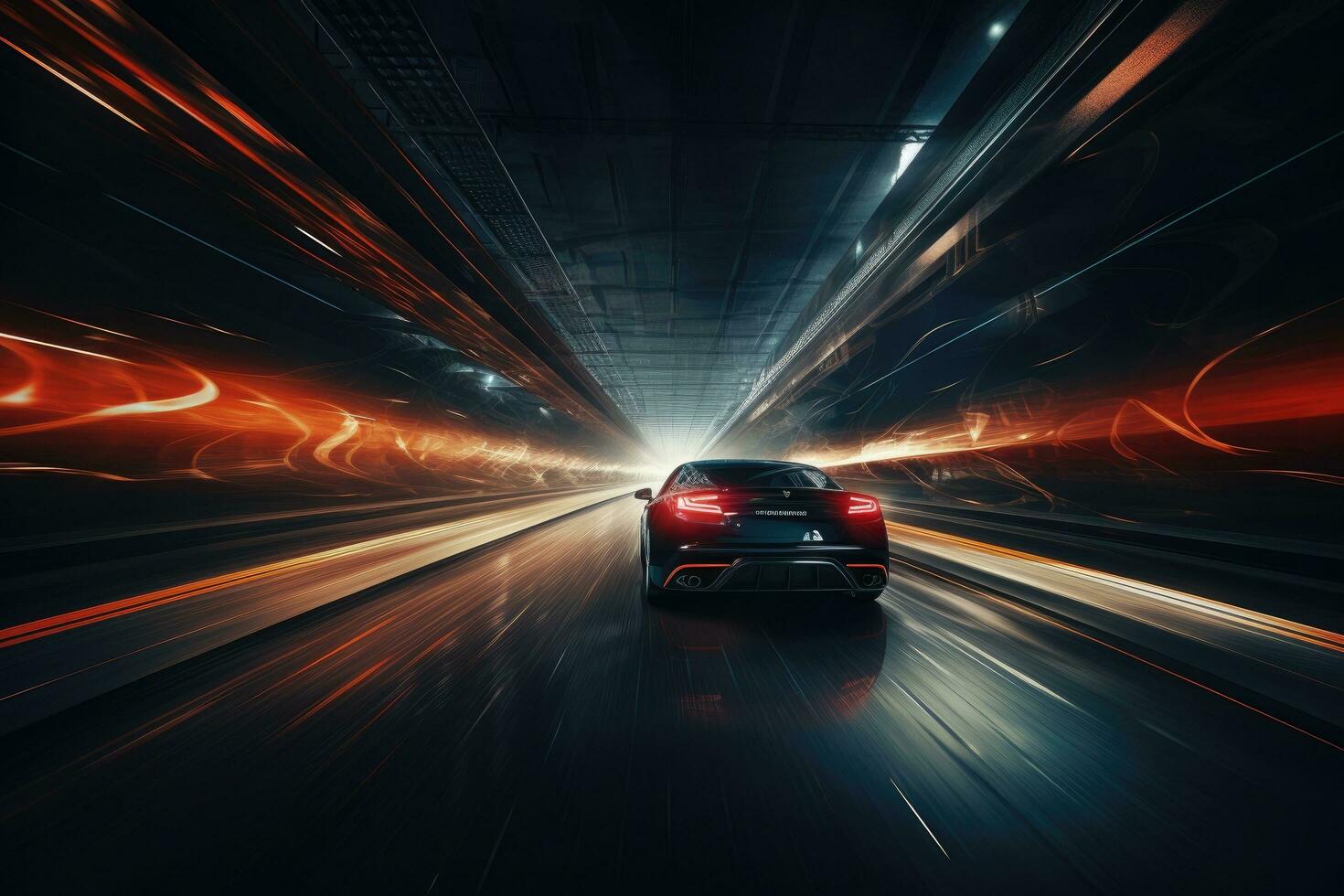 Car on the road with motion blur background. Concept of speed, Underground tunnel with moving cars at night. View from below, AI Generated photo