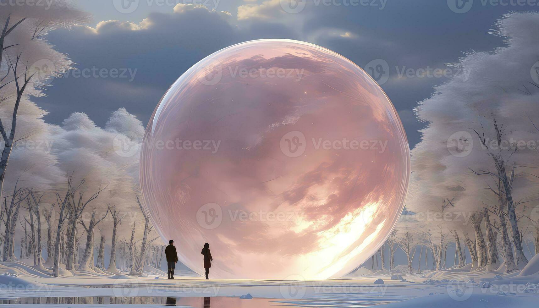 Hyperrealistic Pink Clouds and Trees The Large Circular Structure AI generated photo