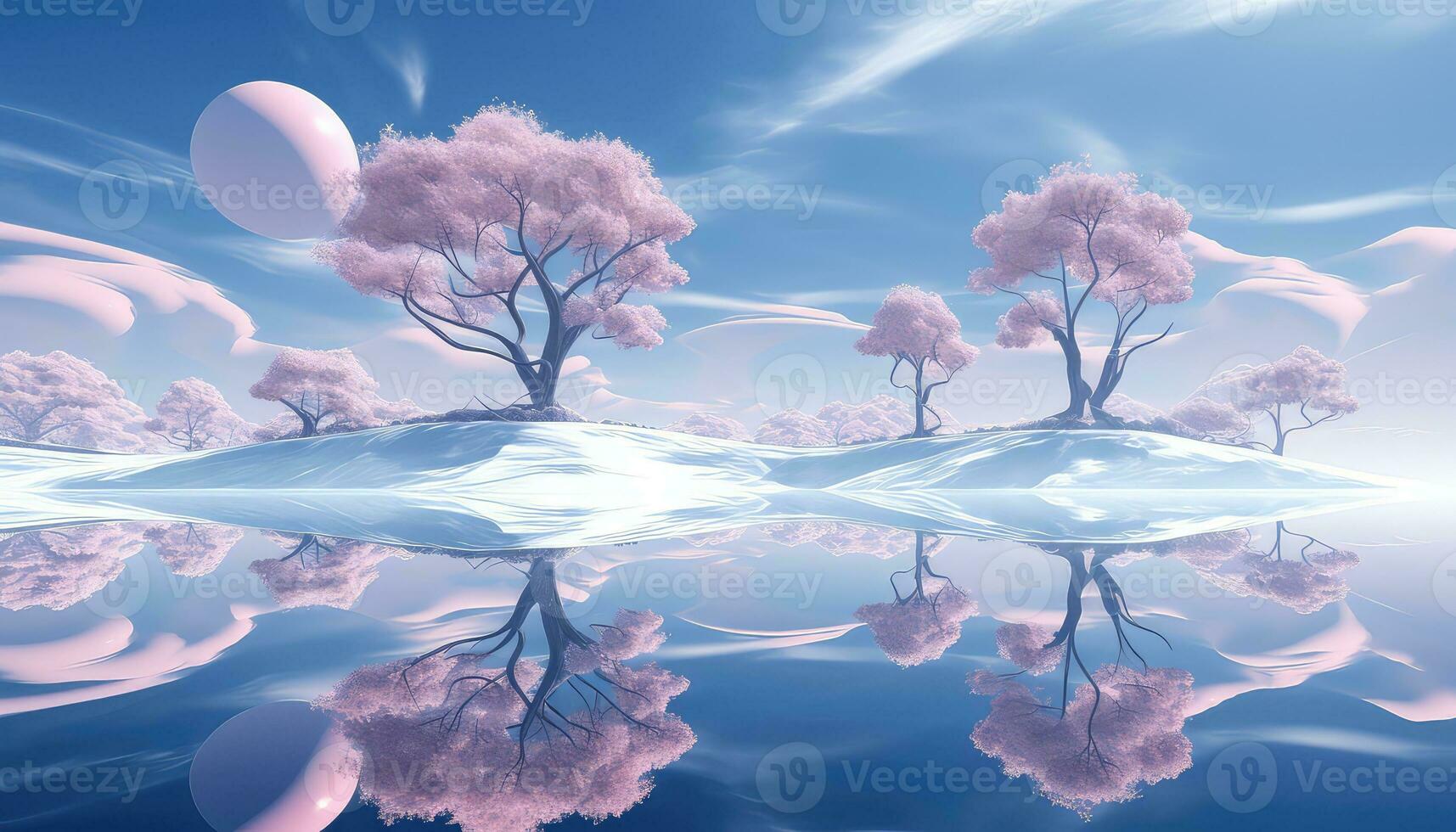 Hyperrealistic Pink Clouds and Trees The Large Circular Structure AI generated photo