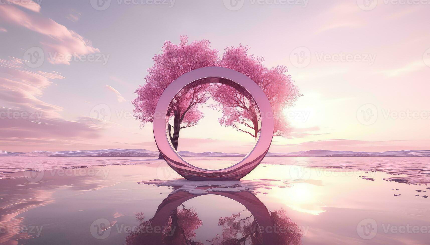 Híper realista rosado nubes y arboles el grande circular estructura ai generado foto