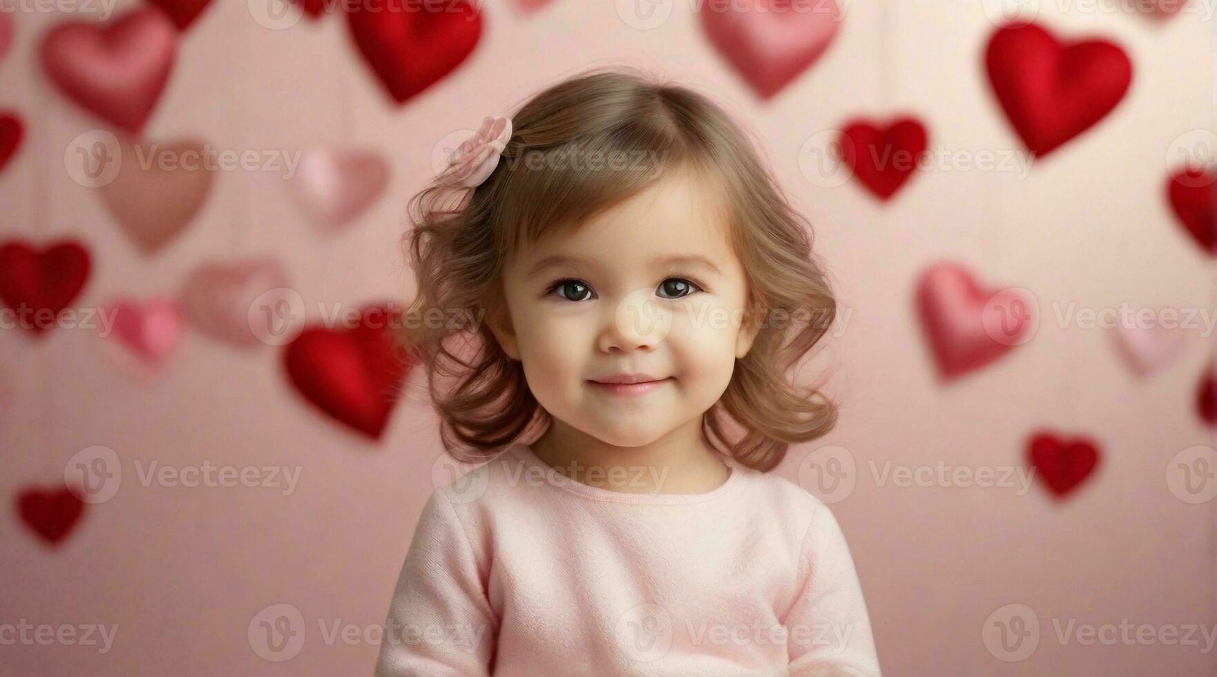 Cute smiling little toddler girl against valentine's day ambience background with space for text, children background image, AI generated photo