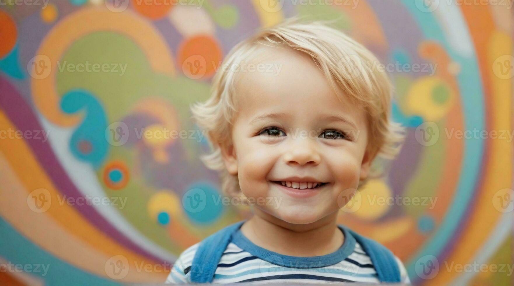 Smiling cute little toddler boy against colorful background with space for text, children background image, AI generated photo