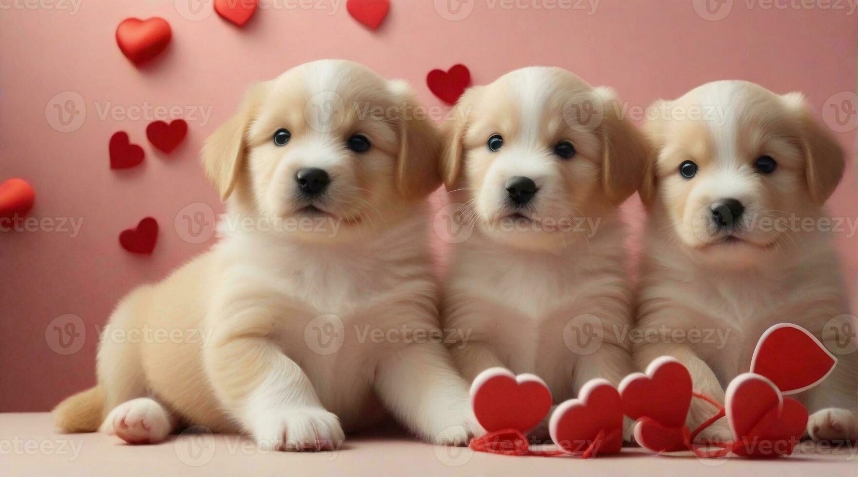 Cute puppies playing against valentine's day ambience background with space for text, background image, AI generated photo