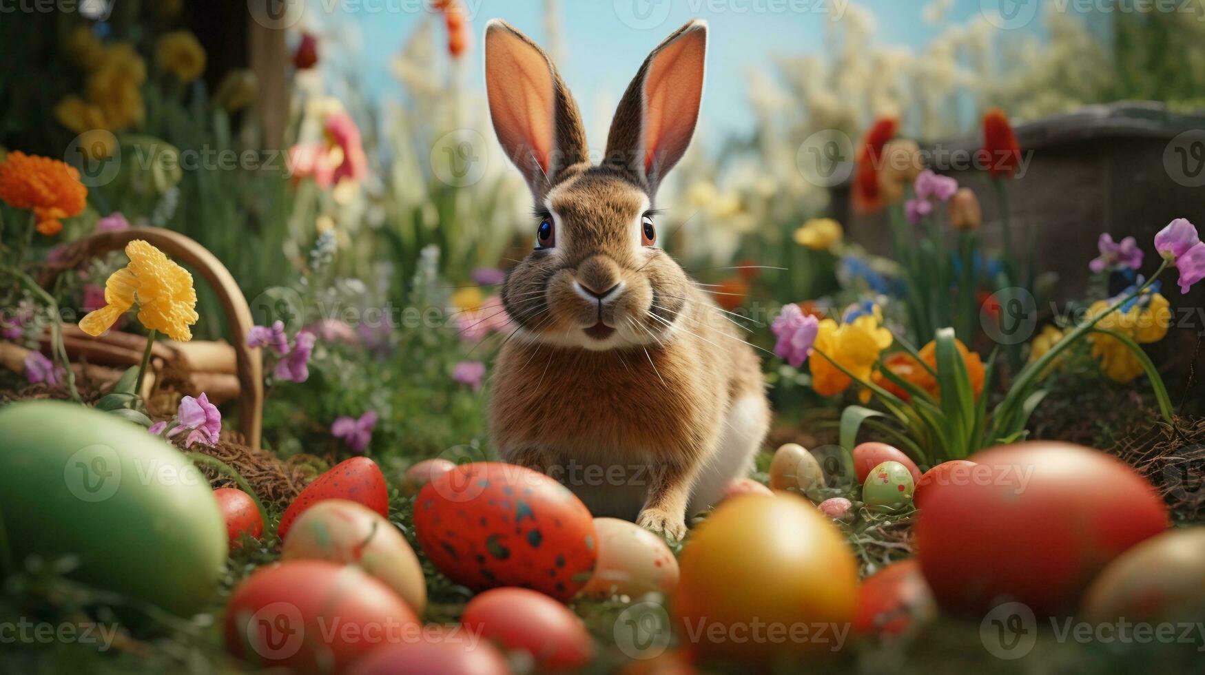 Easter bunny delivering colorful Easter eggs, inviting text to discuss the symbolism of eggs, background image, AI generated photo