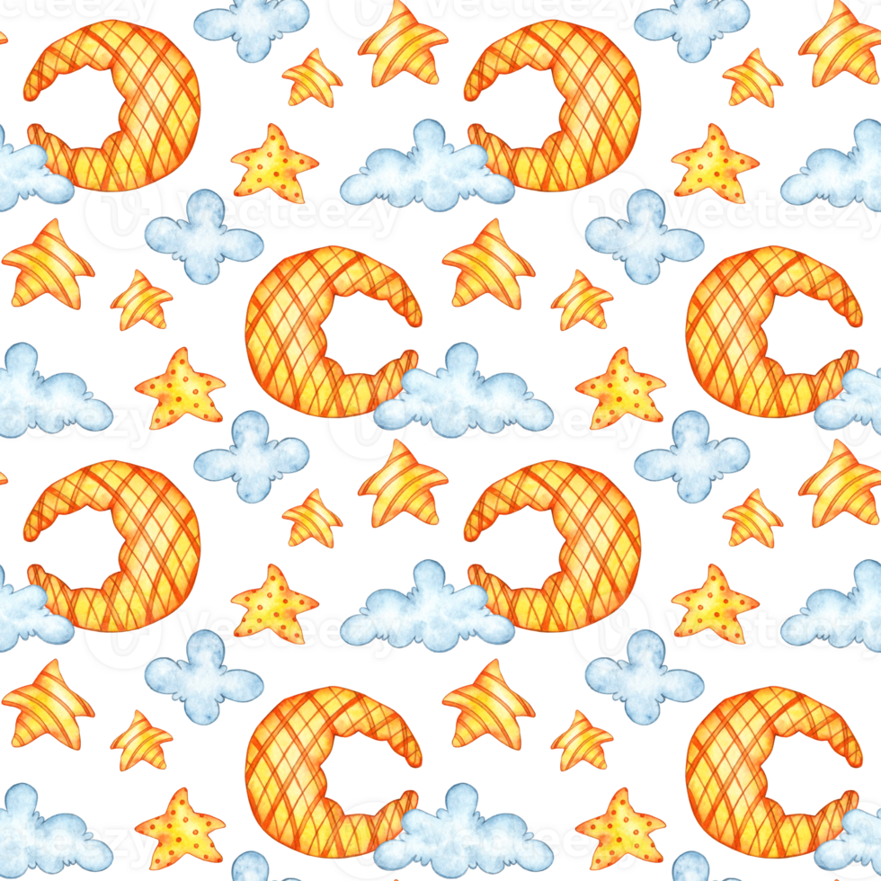 Watercolor illustration childish pattern of orange stars, moon and blue clouds isolated. Design concept for poster, card, banner, clothing, wallpaper, wrapping paper, packaging, sticker, postcard png