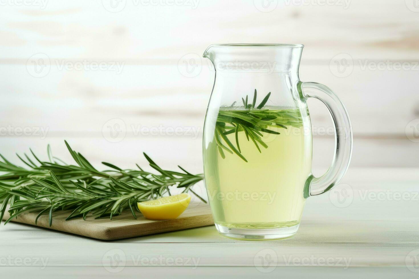 Jug of homemade refreshing tarragon drink near wooden board. Generate Ai photo