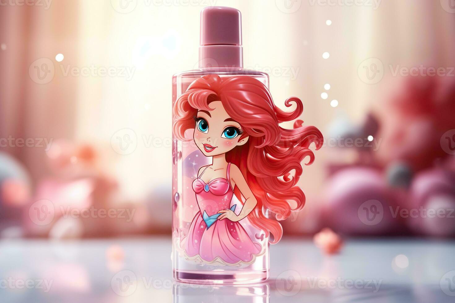 A bottle of perfume with a beautiful pattern for little girls on a blurred background. Children's cosmetics, perfume. Generated by artificial intelligence photo