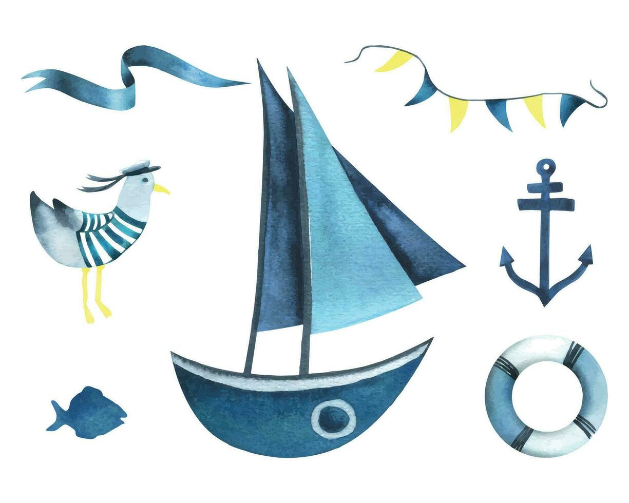 A boat with sails, a lifebuoy, an anchor, a garland with flags, a seagull in a vest, a ribbon and a fish. Watercolor illustration hand drawn in a childish simple style. Set on a white background. vector