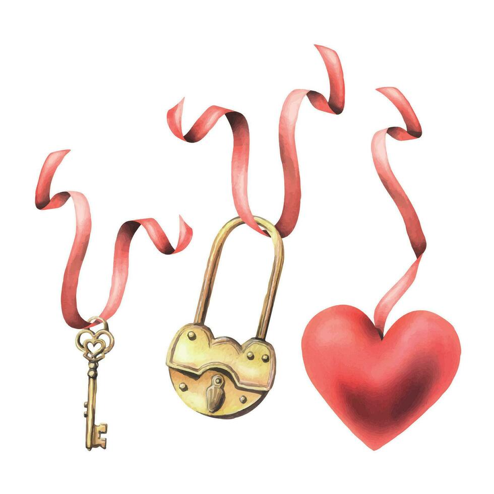 oro metal candado con un agujero, llave corazón forma y corazón rojo suspendido en rojo cintas mano dibujado acuarela ilustración. conjunto de aislado elementos en un blanco antecedentes vector