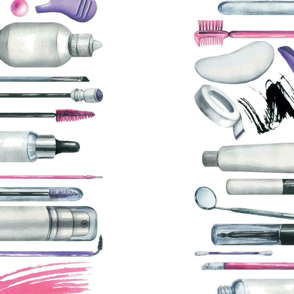 Tools and cosmetics for the master of eyelash and eyebrow extension and lamination. Watercolor illustration, hand drawn. Frame, template on a white background vector