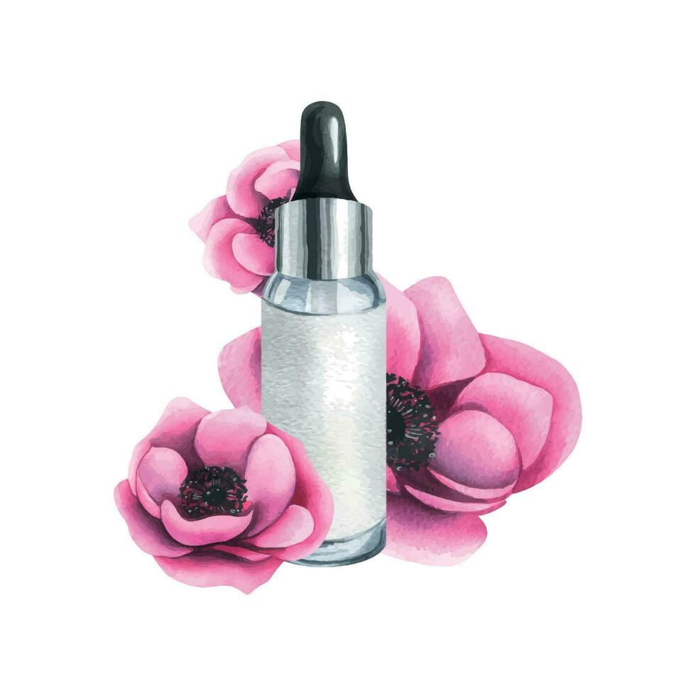 Personal care cosmetics in jar with anemone flowers. Hand drawn watercolor illustration. Isolated composition on a white background for the beauty industry, advertising and design. vector